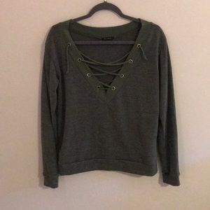 Long sleeve criss cross v neck army green top